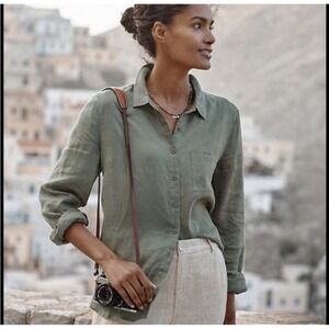 Garnett Hill Easy Button-Down Shirt.100% European flax Linen.Olive Green. Sz 12
